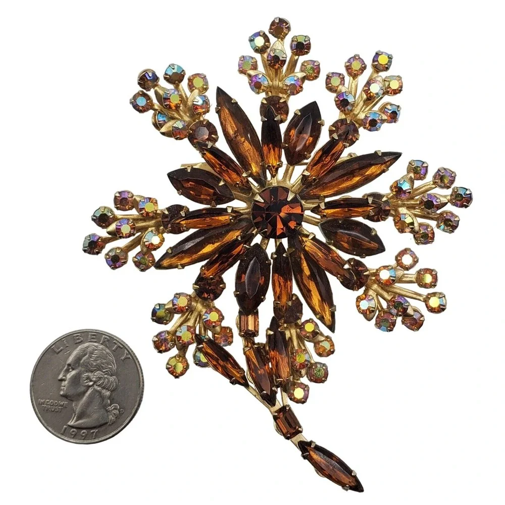 Huge Vintage Brown Rhinestone Brooch AB Floral Spray Flower Giant Oversized Pin